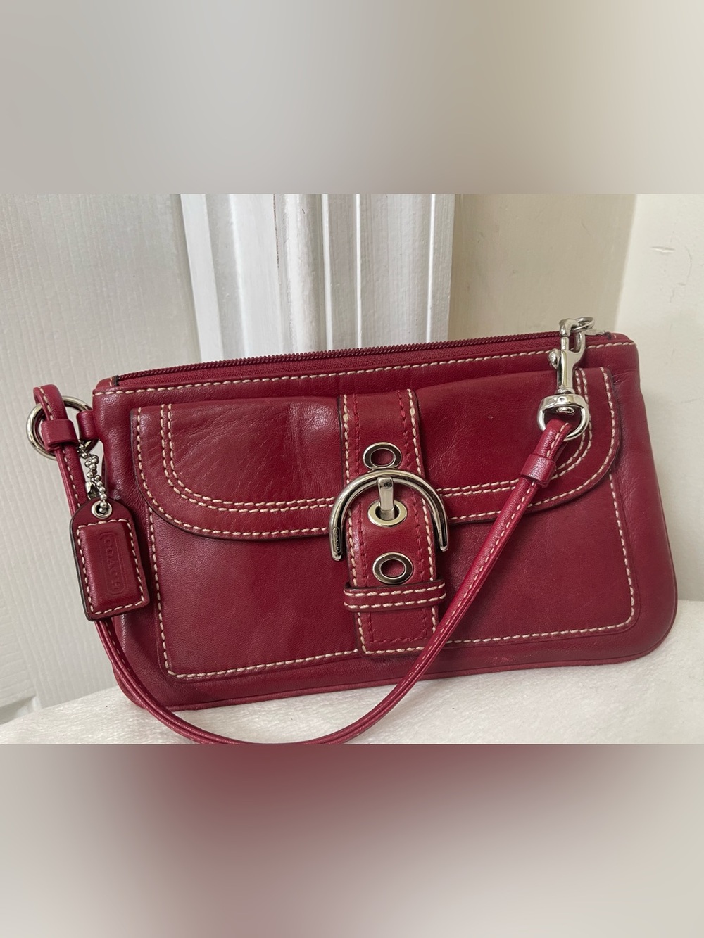 Coach Soho Red Leather Wristlet with Silver-Tone Buckle